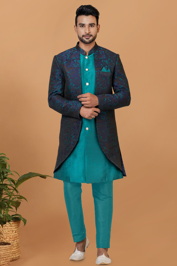 Angasudha Midnight Teal Jacquard Silk Indo Western Set