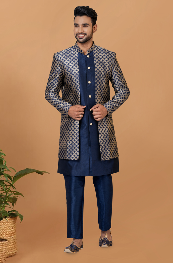 Angasudha Navy & Gold Jacquard Indo-Western Set