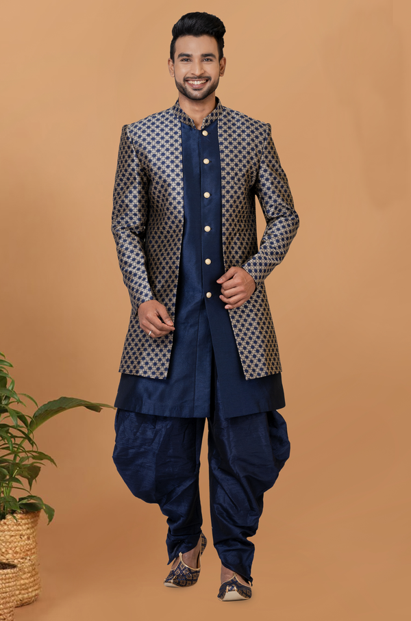 Angasudha Royal Blue Gold Dhoti Style Indo-Western Set