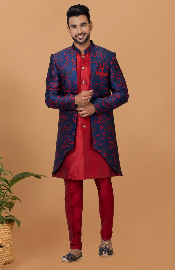 Angasudha Scarlet Red & Midnight Blue Floral Indo-Western Set
