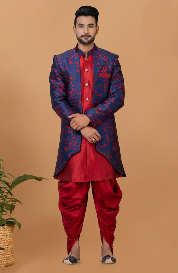 Angasudha Midnight Blue & Scarlet Red Dhoti Style Indo-Western Set