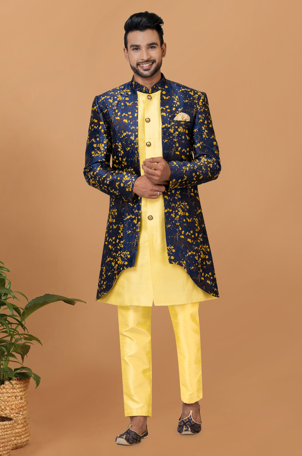 Angasudha Royal Blue & Yellow Floral Jacquard Indo-Western Set