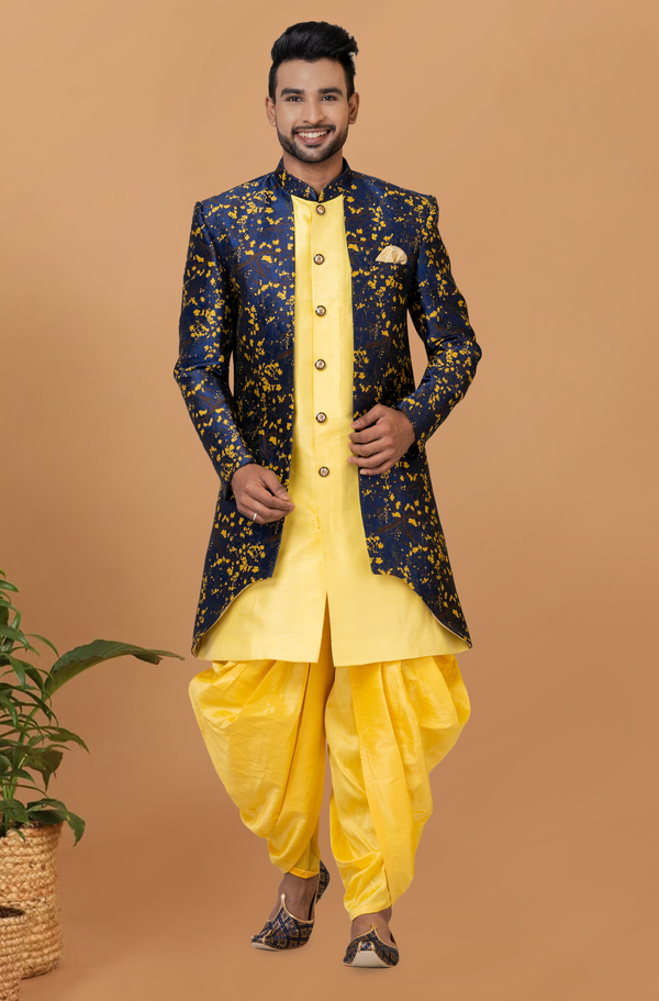 Angasudha Navy Blue & Yellow Floral Dhoti Style Indo-Western Set