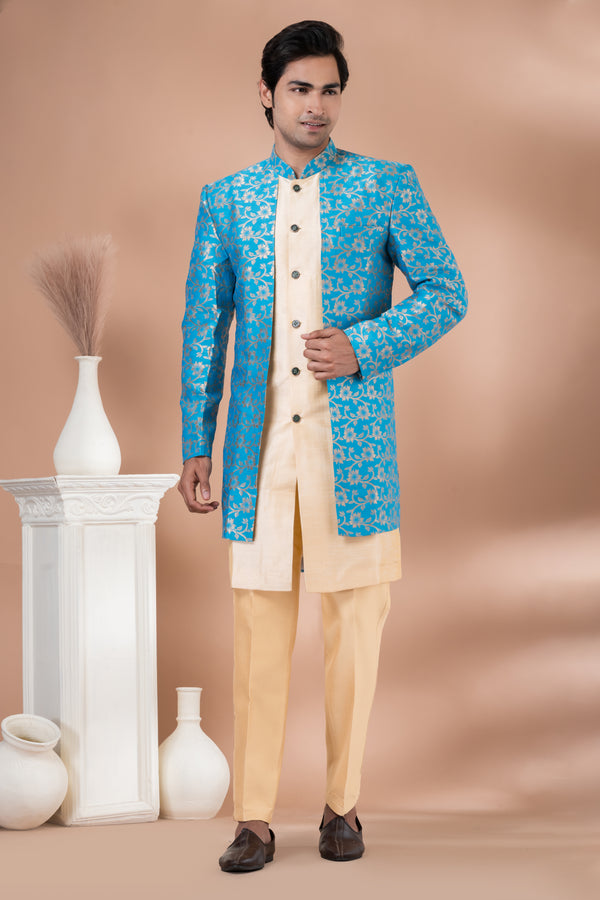 Angasudha Sky Blue & Cream Floral Indo-Western Set