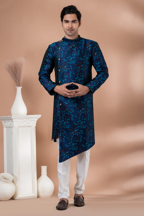 Angasudha Teal Blue Asymmetric Indo-Western Set