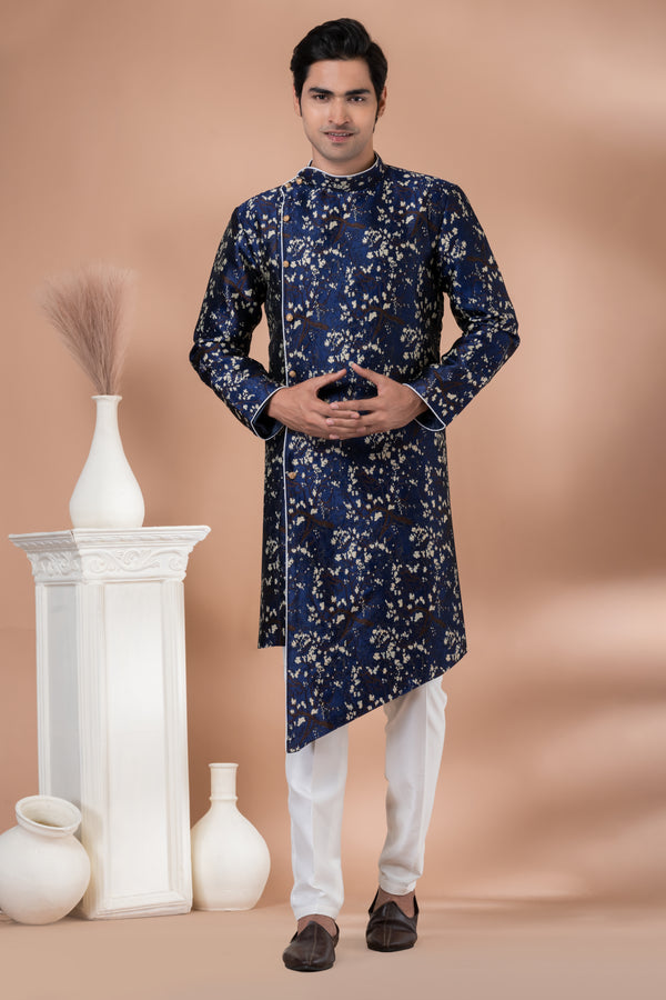 Angasudha Navy Blue Floral Asymmetric Indo-Western Set