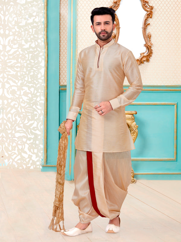 Angasudha Golden Beige Dupion Silk Dhoti Kurta Set
