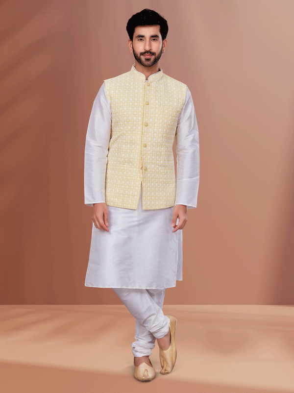 Angasudha White Art Silk Kurta Pyjama with Light Yellow Jacquard Waistcoat