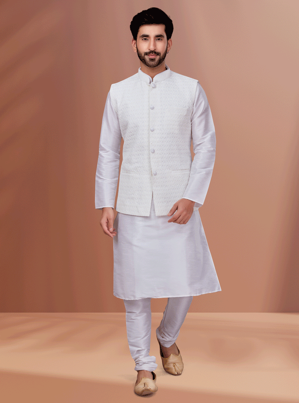 Angasudha Classic White Kurta Pyjama with Embroidered White Jacquard Waistcoat