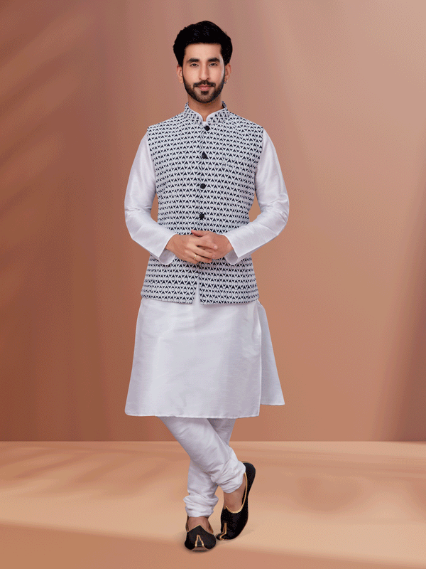 Angasudha White Kurta Pyjama with Black & White Printed Waistcoat