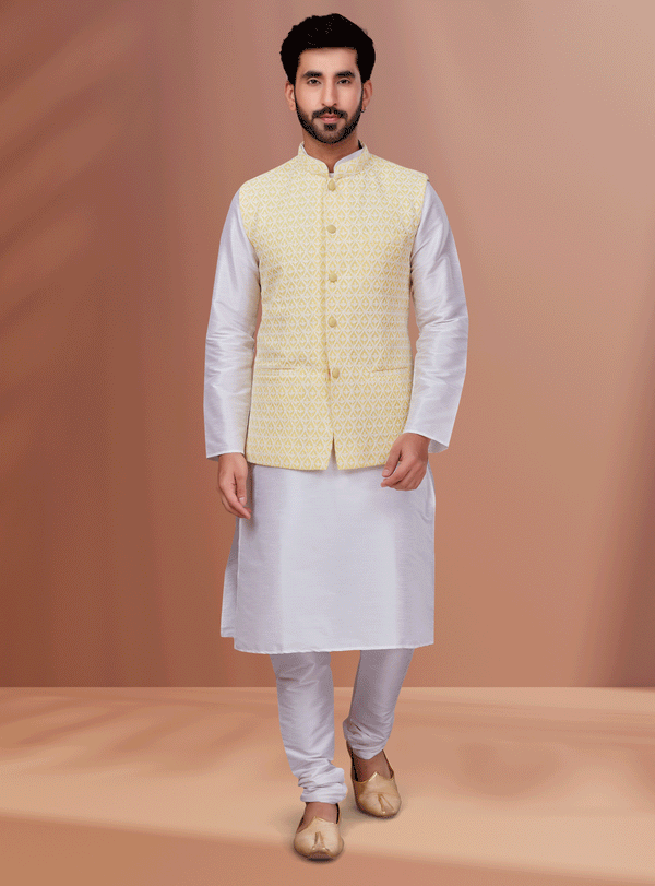Angasudha White Kurta Pyjama with Soft Yellow Embroidered Jacquard Waistcoat