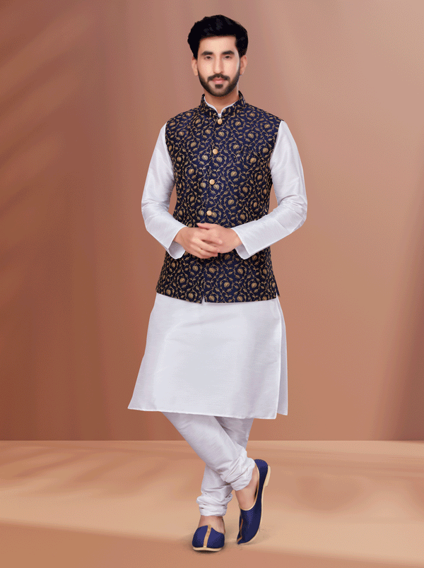 Angasudha White Kurta Pyjama with Royal Blue Brocade Waistcoat