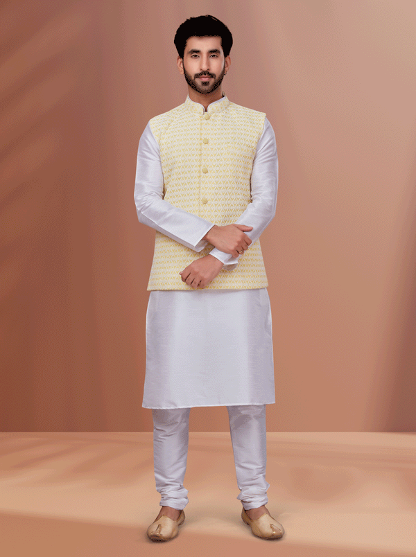 Angasudha White Kurta Pyjama with Cream Yellow Embroidered Waistcoat