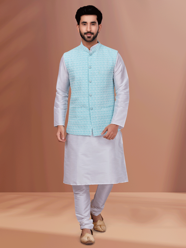 Angasudha Sky Blue Brocade Nehru Jacket with White Kurta Pyjama Set