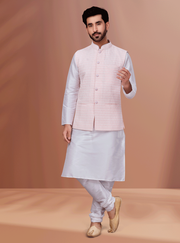 Angasudha Light Pink Brocade Nehru Jacket with White Kurta Pyjama Set