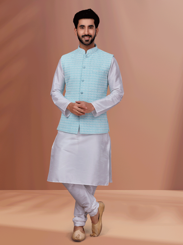 Angasudha Pastel Blue Brocade Nehru Jacket with White Kurta Pyjama Set