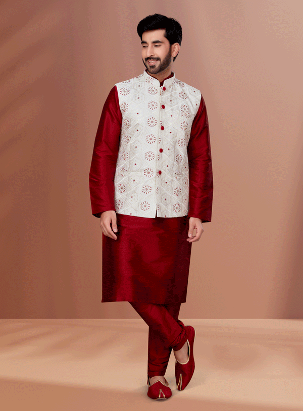 Angasudha Cream Embroidered Waistcoat with Maroon Kurta Pyjama Set