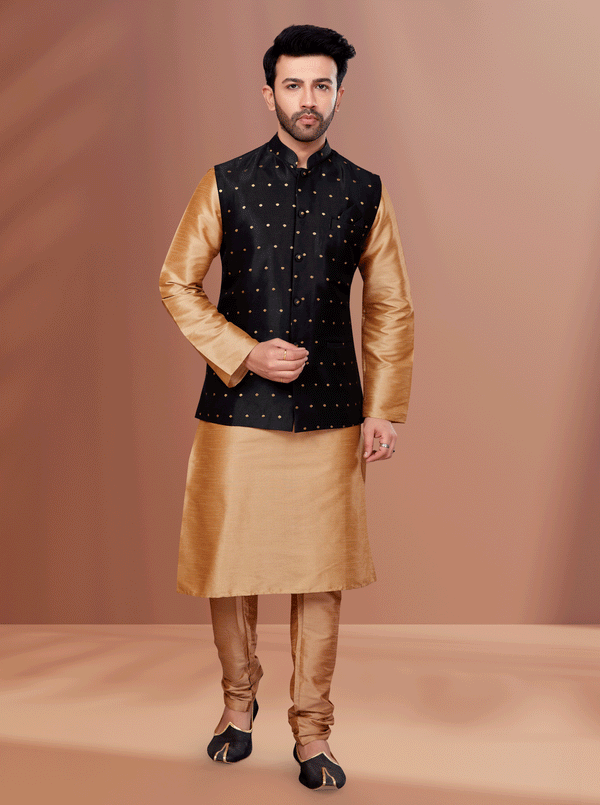 Angasudha Black Jacquard Waistcoat with Golden Kurta Pyjama Set