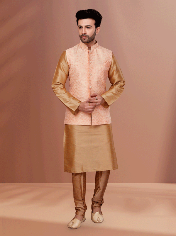 Angasudha Peach Textured Waistcoat with Golden Kurta Pyjama Set