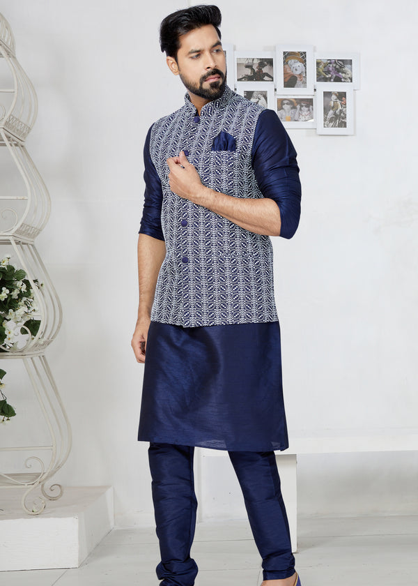 Angasudha Blue Self-Design Silk Waistcoat with Navy Blue Kurta Pyjama Set