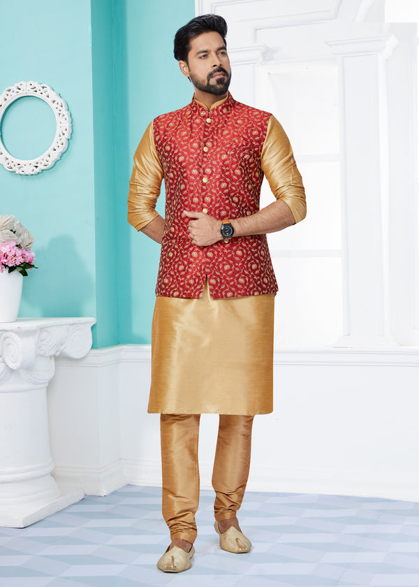 Angasudha Golden Art Silk Kurta Pyjama with Red Brocade Waistcoat