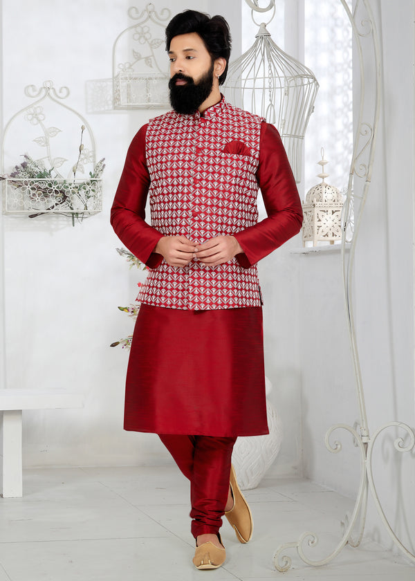 Angasudha Maroon Art Silk Kurta Pyjama with Geometric Weave Waistcoat