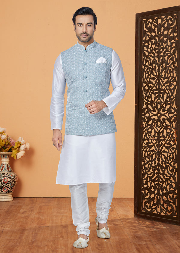 Angasudha Sky Blue Self-Design Waistcoat with White Kurta Pyjama Set