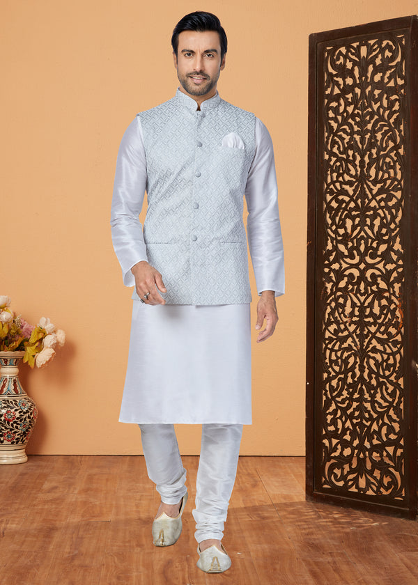 Angasudha Light Grey Diamond Weave Waistcoat with White Kurta Pyjama Set