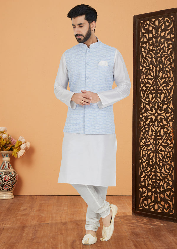 Angasudha Powder Blue Printed Waistcoat with White Kurta Pyjama Set