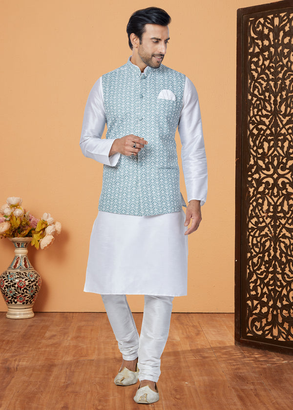Angasudha Teal Green Printed Waistcoat with White Kurta Pyjama Set