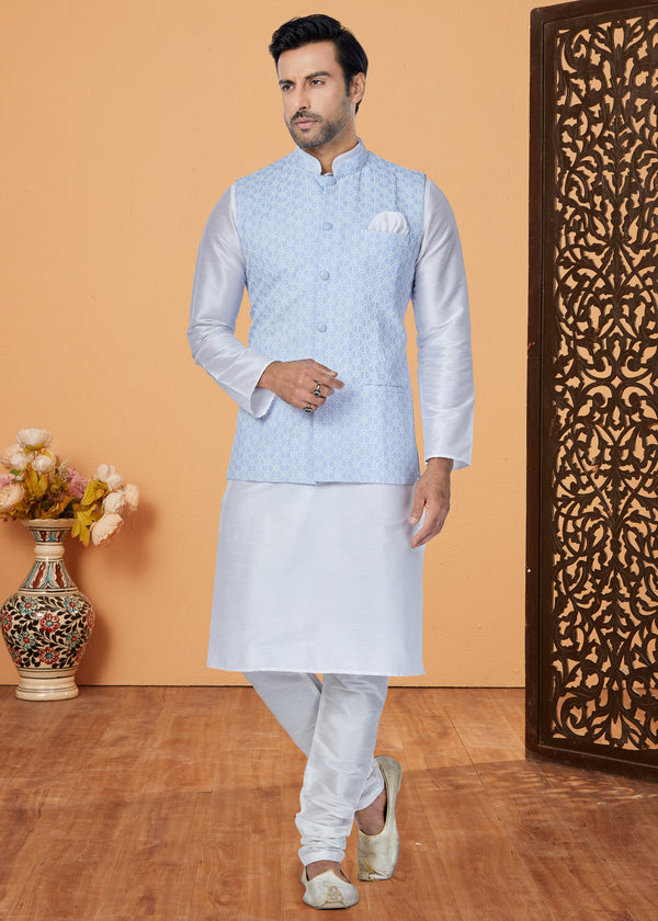 Angasudha Sky Blue Geometric Printed Waistcoat with White Kurta Pyjama Set