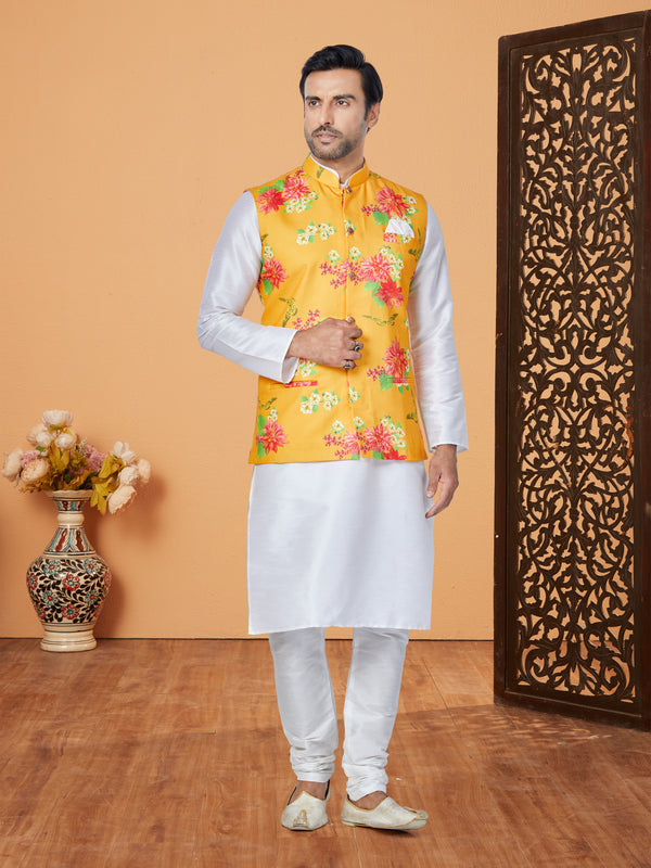 Angasudha Floral Radiance Digital Print Cotton Waistcoat with Dupion Silk Kurta Pyjama Set