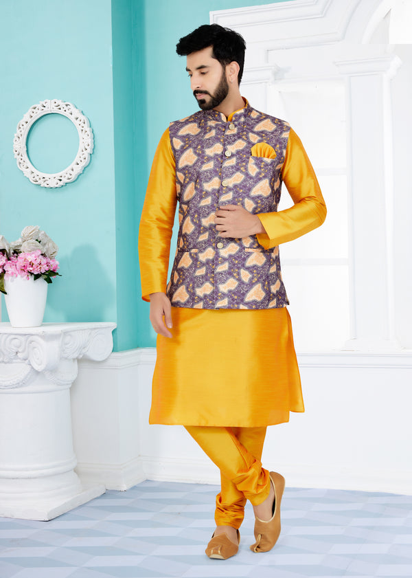 Angasudha Imperial Ochre Waistcoat with Dupion Silk Kurta Pyjama Set