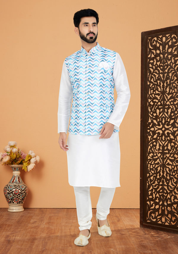 Angasudha Aqua Wave Digital Print Waistcoat with Dupion Silk Kurta Pyjama Set