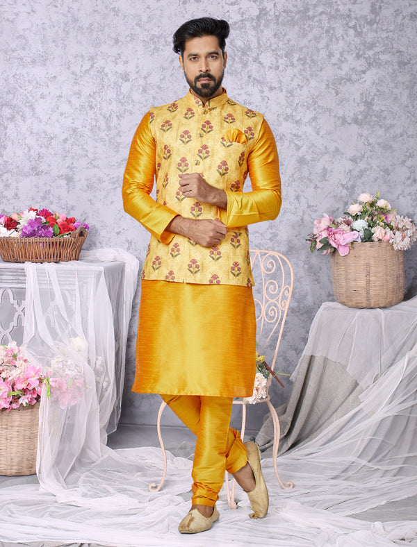 Angasudha Mustard Bloom Embroidered Waistcoat with Dupion Silk Kurta Pyjama Set