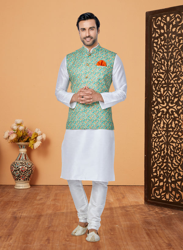 Angasudha Mint Maze Digital Print Waistcoat with Dupion Silk Kurta Pyjama Set
