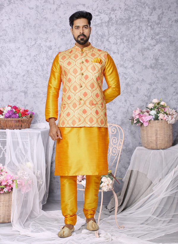 Angasudha Heritage Gold Brocade Waistcoat with Dupion Silk Kurta Pyjama Set