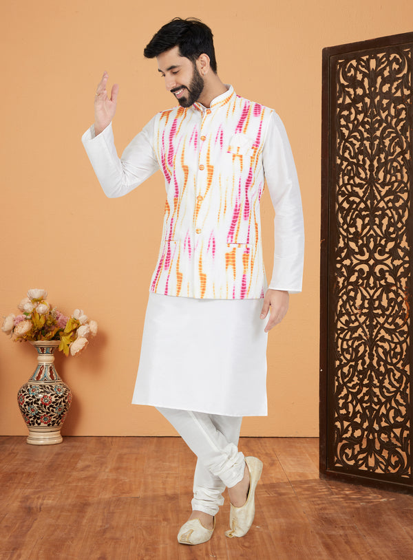 Angasudha Festive Vibes Tie-Dye Print Waistcoat with Dupion Silk Kurta Pyjama Set