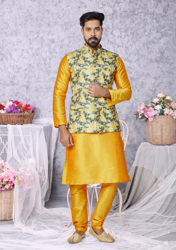 Angasudha Royal Meadow Digital Print Waistcoat with Dupion Silk Kurta Pyjama Set