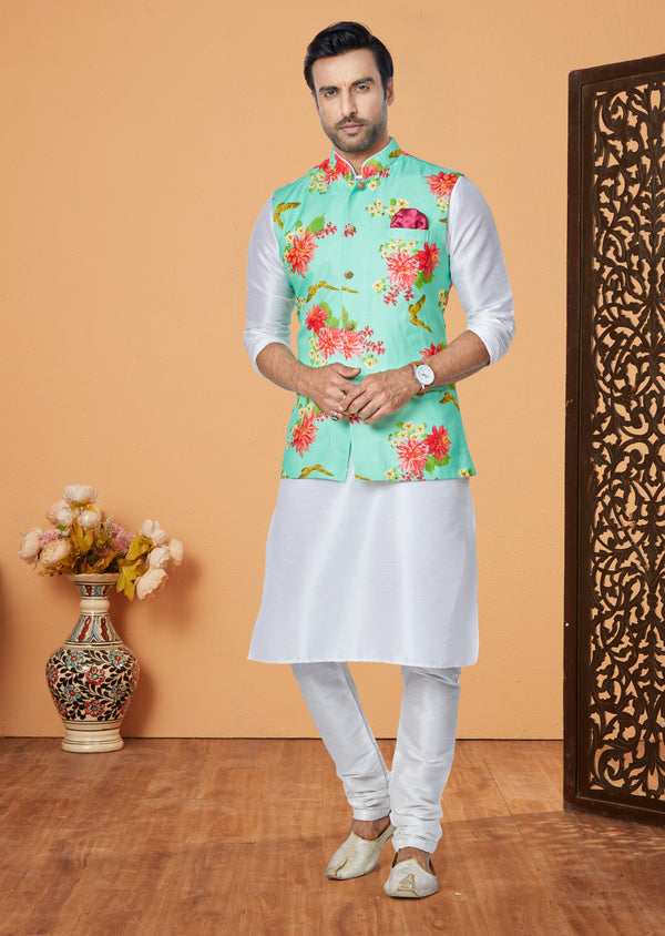 Angasudha Blossom Mint Floral Digital Waistcoat with Dupion Silk Kurta Pyjama Set