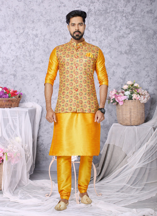 Angasudha Sunrise Mandala Printed Waistcoat with Dupion Silk Kurta Pyjama Set