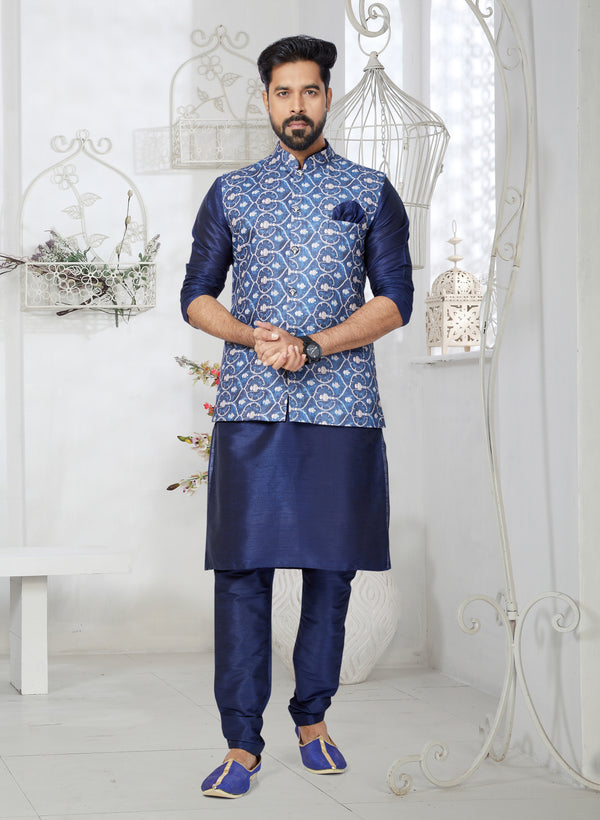 Angasudha Midnight Digital Print Cotton Waistcoat with Dupion Silk Kurta Pyjama Set