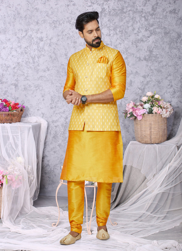 Angasudha Golden Ikat-Inspired Waistcoat with Dupion Silk Kurta Pyjama Set