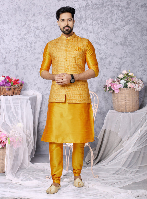 Angasudha Classic Mustard Digital Print cotton Waistcoat with Dupion Silk Kurta Pyjama Set