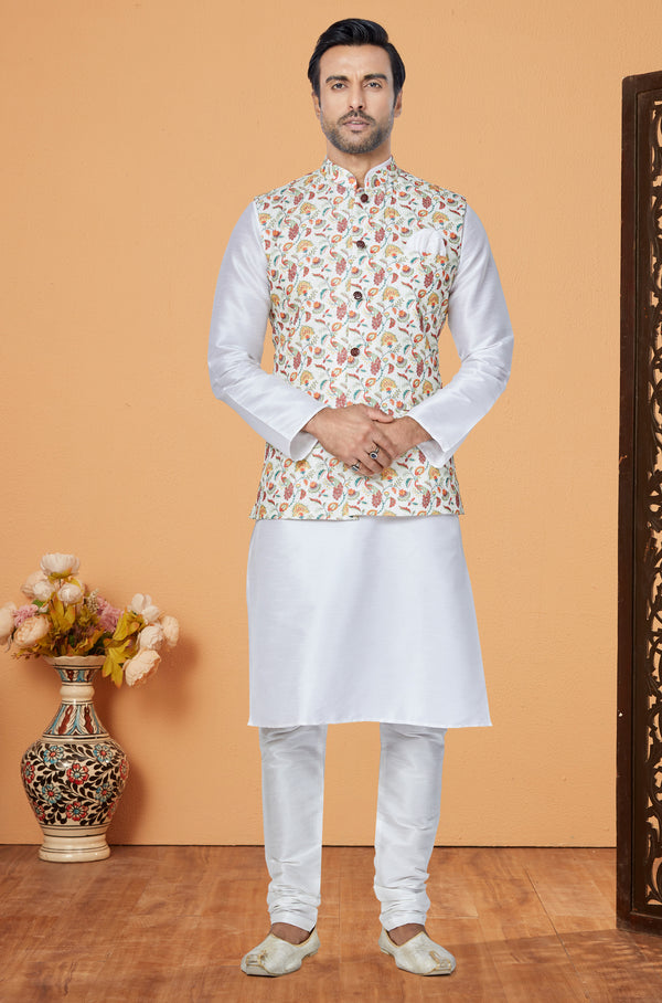 Angasudha Ivory Bloom Kurta Pyjama & Waistcoat Set