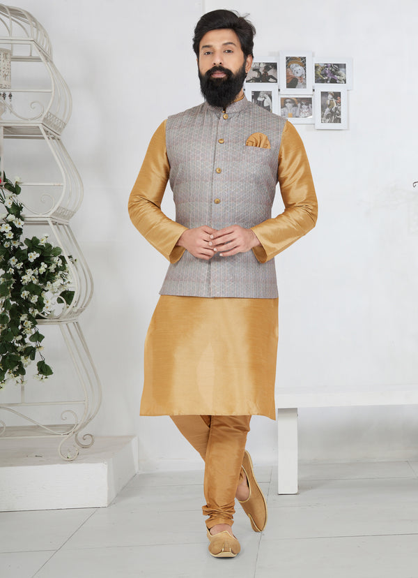 Angasudha Regal Sandstone Kurta Pyjama & Waistcoat Set