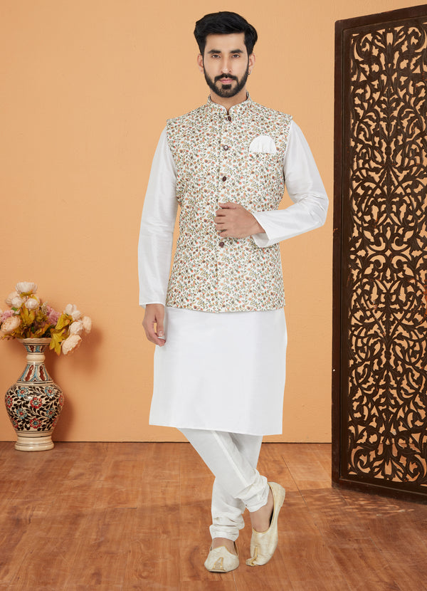 Angasudha Floral Serenity Kurta Pyjama & Waistcoat Set