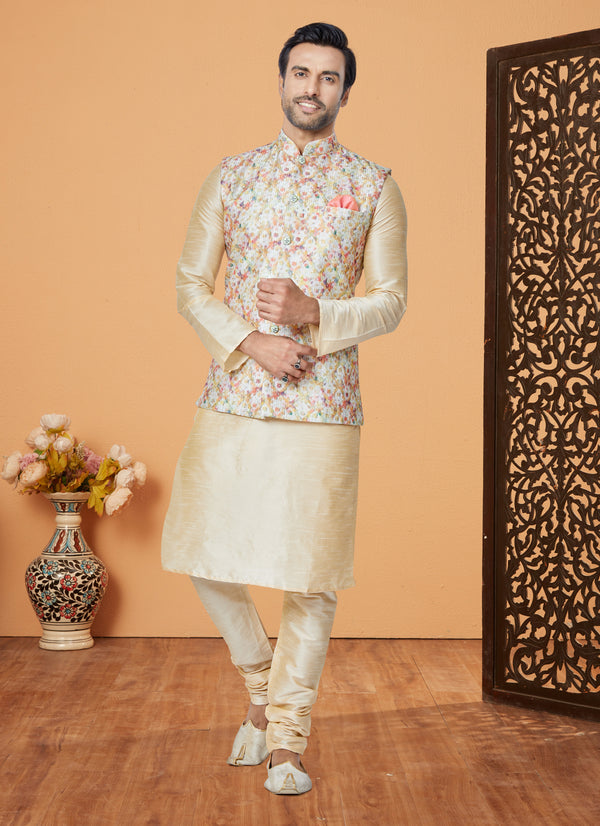 Angasudha Sunset Blossom Kurta Pyjama & Waistcoat Set