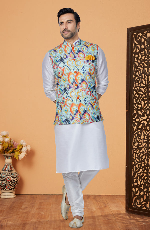 Angasudha Spectrum Blaze Kurta Pyjama & Waistcoat Set