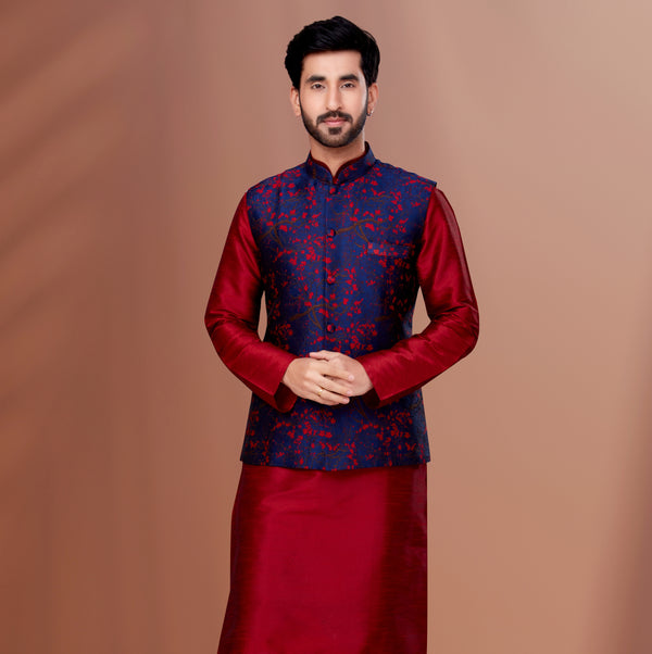 Angasudha Navy Blue & Maroon Floral Brocade Waistcoat